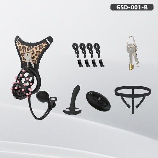 Spiked Chastity Cage Harness Set with Remote Vibrating Anal Plug