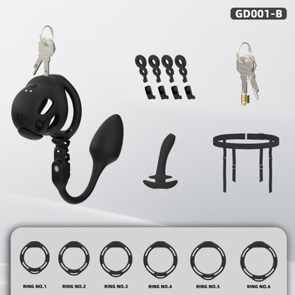 Electric Silicone Chastity Cage with Remote Control, Vibrating Plug & Harness