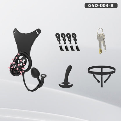 Spiked Chastity Cage Harness Set with Remote Vibrating Anal Plug GSD