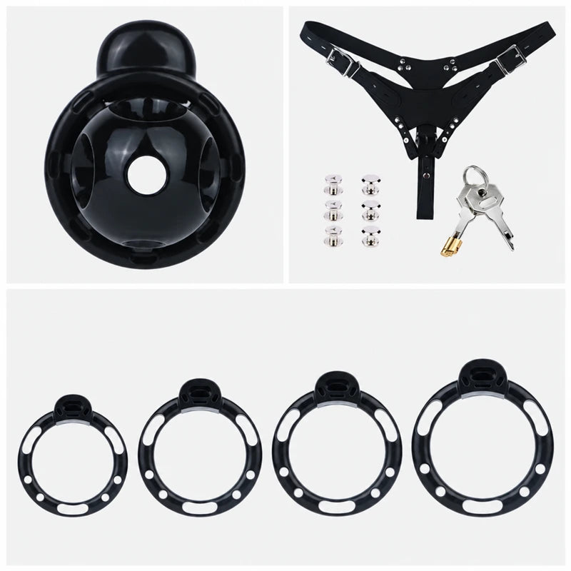 Black chastity cage with four base rings, a black three-way belt, metal fasteners, padlock and two keys.