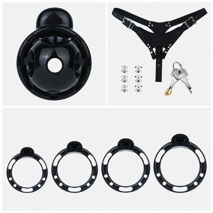 Black chastity cage with four base rings, a black three-way belt, metal fasteners, padlock and two keys.