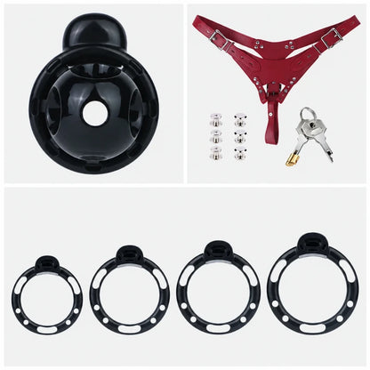 Black chastity cage with four base rings, a red three-way belt, metal fasteners, padlock and two keys.