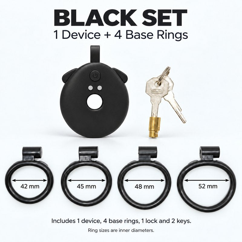Black inverted vibrating chastity cage set with 42, 45, 48 and 52 mm base rings, one lock and two keys.