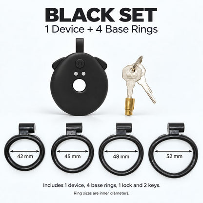 Black inverted vibrating chastity cage set with 42, 45, 48 and 52 mm base rings, one lock and two keys.