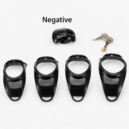 Black Negative-profile chastity cage kit with four base rings and key-operated locking hardware.
