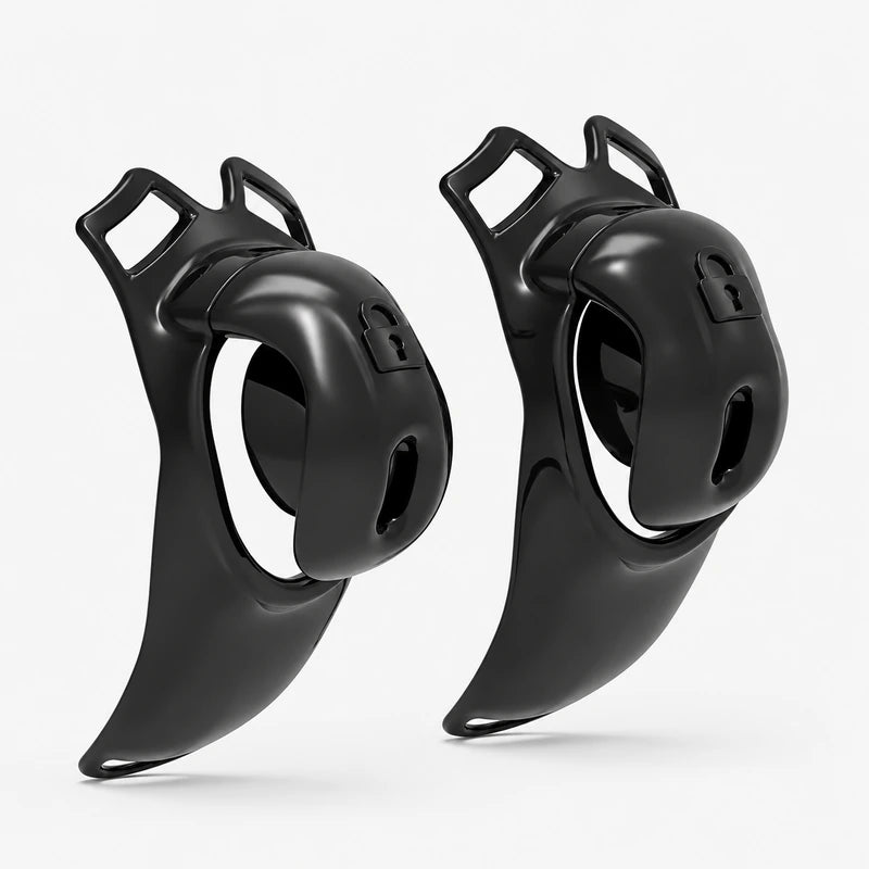 Two front angled views of the all-black resin chastity cage.