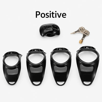 Black Positive-profile chastity cage kit with four base rings and key-operated locking hardware.