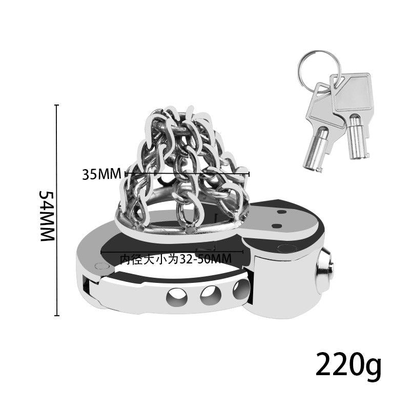 Dispositivo de castidad de acero inoxidable con diseño de cadena | Jaula larga para pene para hombres con anillo ajustable de 6 niveles (32-50 mm)