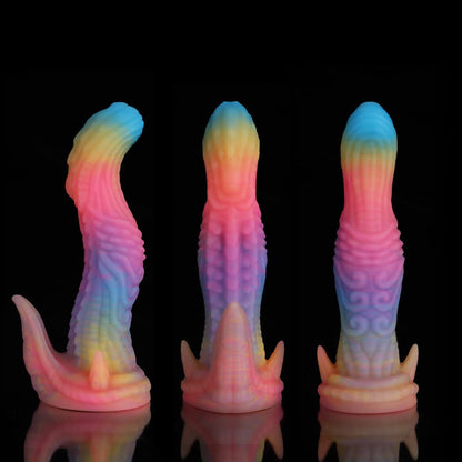 Consolador de fantasía de dinosaurio azul, amarillo y morado