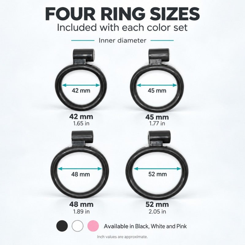 Four included chastity cage base rings with inner diameters of 42, 45, 48 and 52 mm, shown with inch conversions.