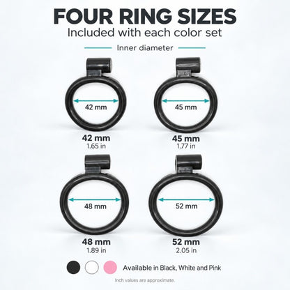 Four included chastity cage base rings with inner diameters of 42, 45, 48 and 52 mm, shown with inch conversions.