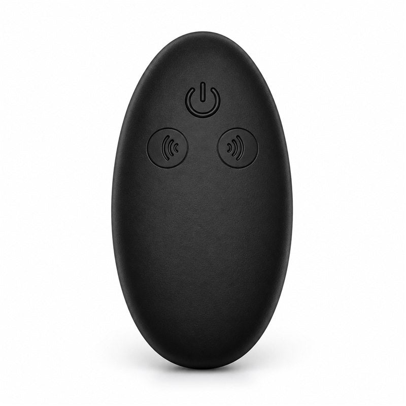 Black handheld remote with a power button and two wave-symbol buttons for the App-Controlled Vibrating & E-Stim Chastity Cage.