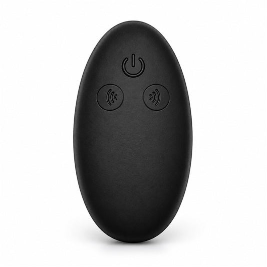 Black handheld remote with a power button and two wave-symbol buttons for the App-Controlled Vibrating & E-Stim Chastity Cage.