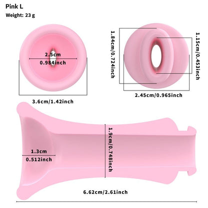 Pink L insert dimensions: 66.2 mm overall length and 36 mm outer flared diameter, with end and cutaway views.
