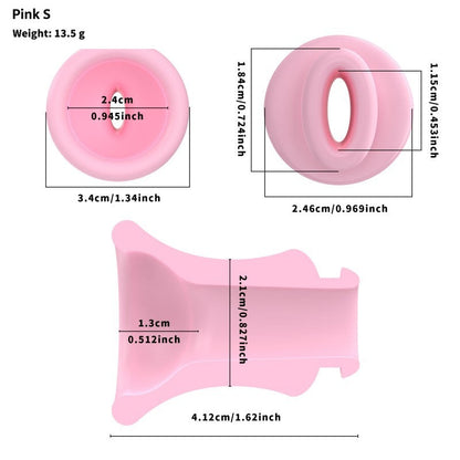 Pink S insert dimensions: 41.2 mm overall length and 34 mm outer flared diameter, with end and cutaway views.