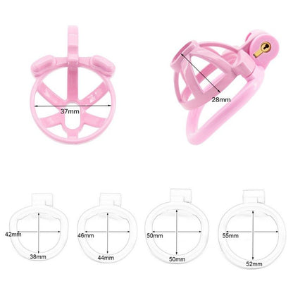 Side view of pink hollow resin glans chastity lock showing breathable hollow design and ergonomic