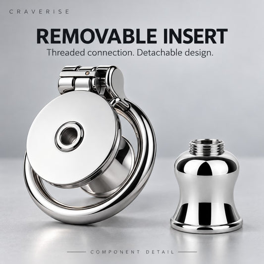 Stainless steel inverted chastity cage beside a detached metal insert, showing the removable threaded connection.
