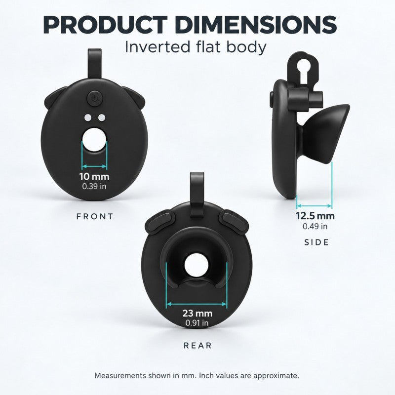 Inverted flat chastity cage dimension chart showing a 10 mm front opening, 12.5 mm side measurement and 23 mm rear width.