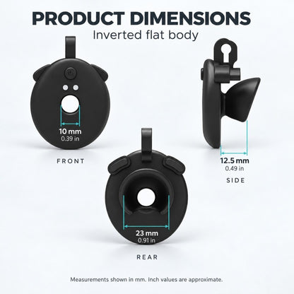 Inverted flat chastity cage dimension chart showing a 10 mm front opening, 12.5 mm side measurement and 23 mm rear width.