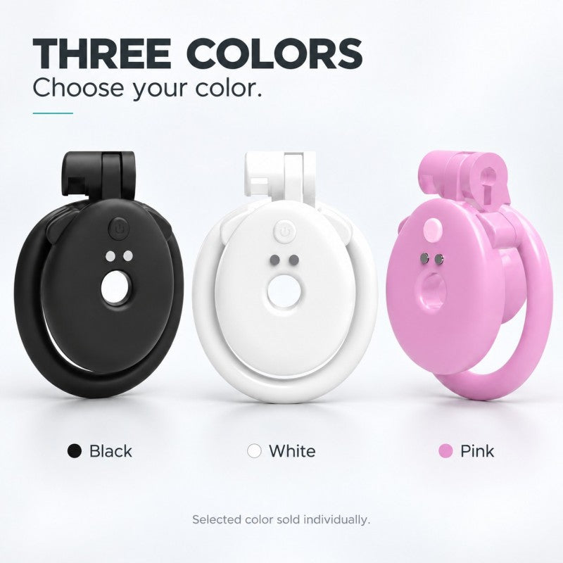 Black, white and pink color options for the inverted flat vibrating chastity cage; each color is sold separately.