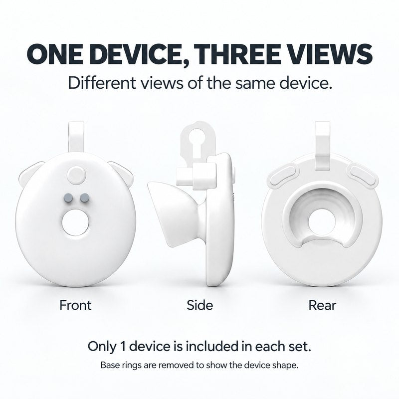 Front, side and rear views of one white inverted vibrating chastity cage, with base rings removed; each set includes one device.