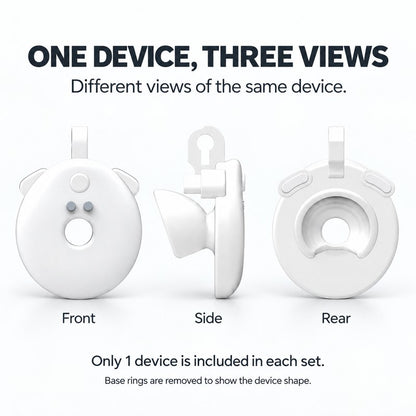 Front, side and rear views of one white inverted vibrating chastity cage, with base rings removed; each set includes one device.