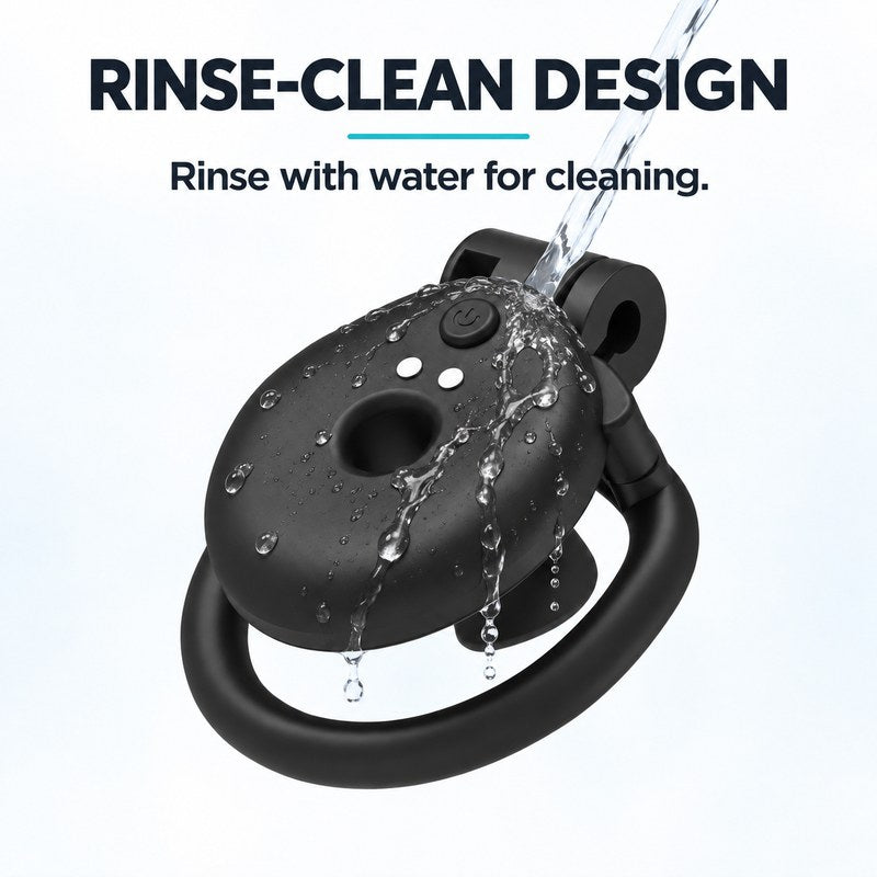 Rinse-clean feature illustration showing water flowing over the black inverted vibrating chastity cage for cleaning.