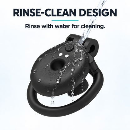 Rinse-clean feature illustration showing water flowing over the black inverted vibrating chastity cage for cleaning.