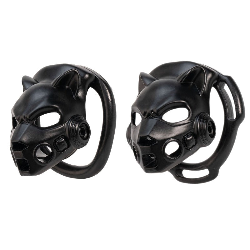 Two angled views of the black Mecha Leopard resin chastity cage with base ring