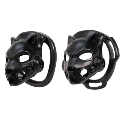 Two angled views of the black Mecha Leopard resin chastity cage with base ring