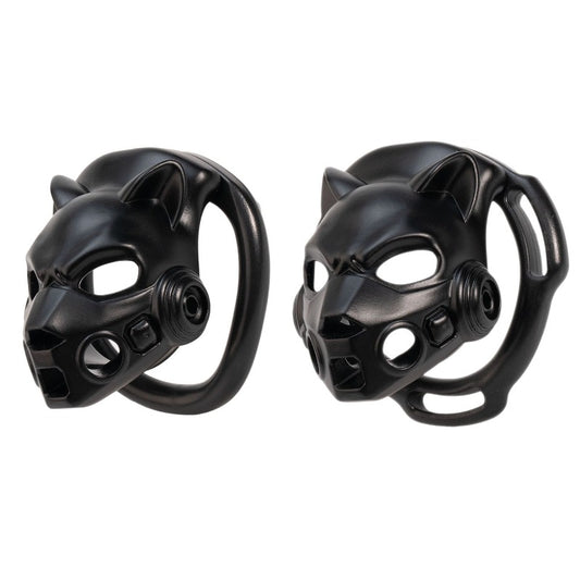 Two angled views of the black Mecha Leopard resin chastity cage with base ring