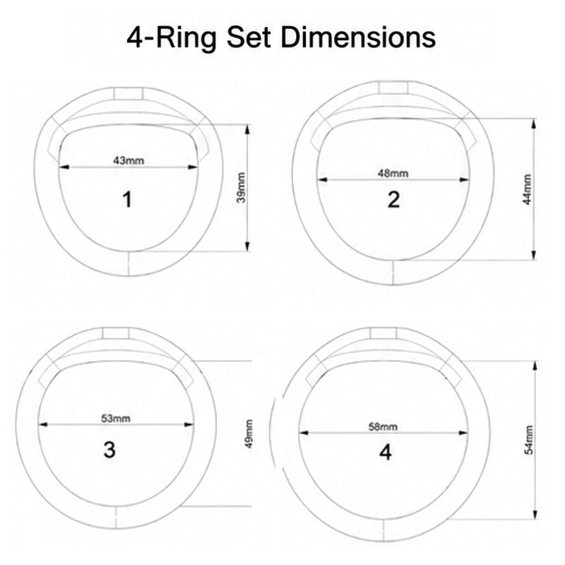 Four-ring set internal width by height: 43 x 39, 48 x 44, 53 x 49 and 58 x 54 mm