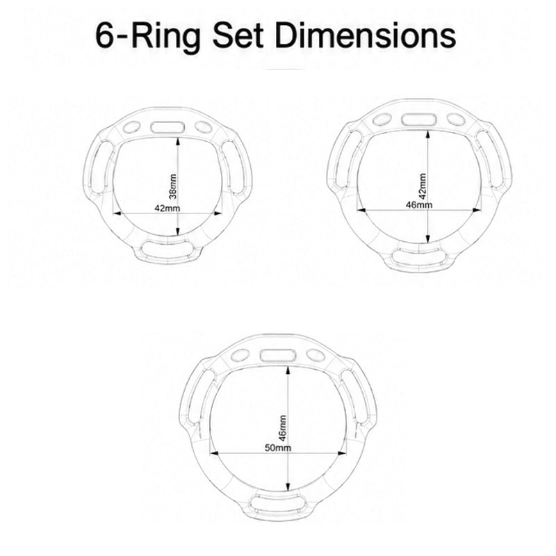 Six-ring set smaller rings, internal width by height: 42 x 38, 46 x 42 and 50 x 46 mm