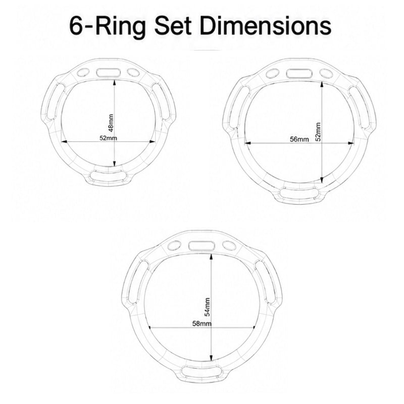 Six-ring set larger rings, internal width by height: 52 x 48, 56 x 52 and 58 x 54 mm
