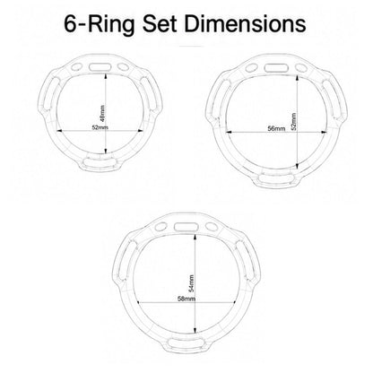 Six-ring set larger rings, internal width by height: 52 x 48, 56 x 52 and 58 x 54 mm