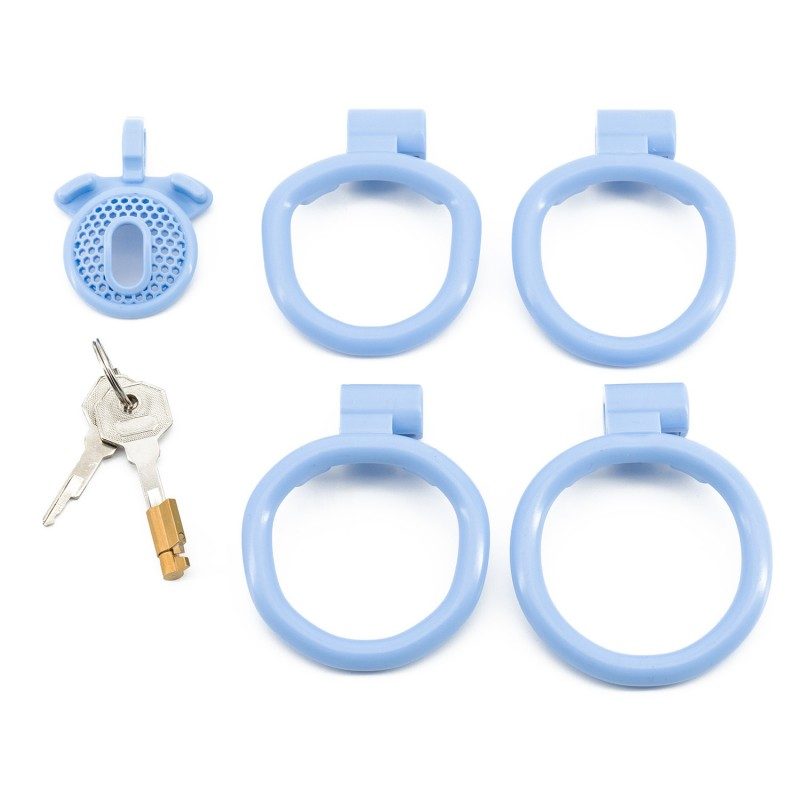 Mesh resin chastity lock inverted design with positive and negative electrode style, hollow ergonomic cage for comfort, blue