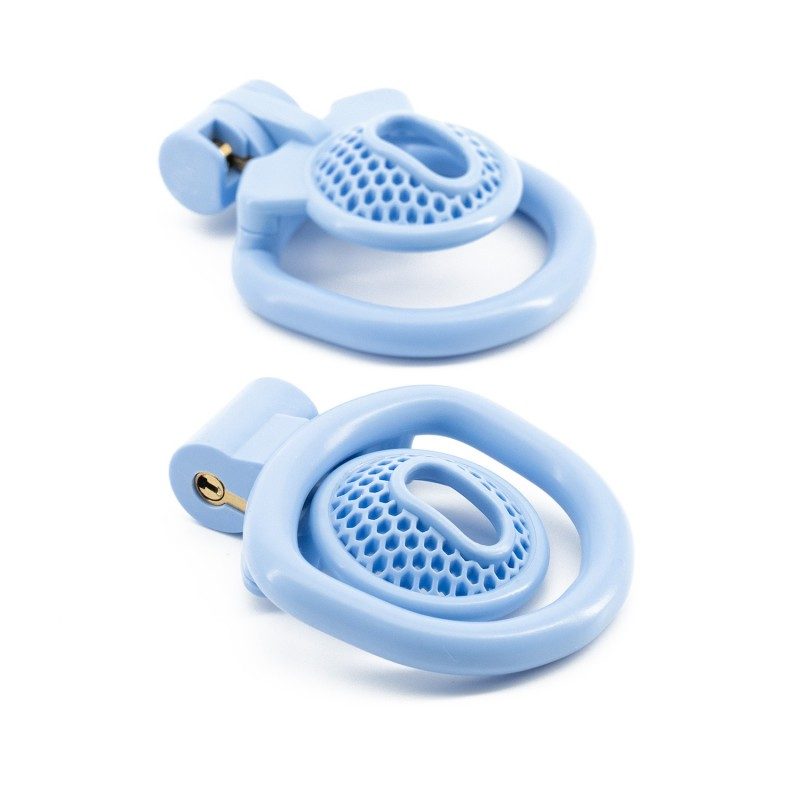 Mesh resin chastity lock inverted design with positive and negative electrode style, hollow ergonomic cage for comfort, blue