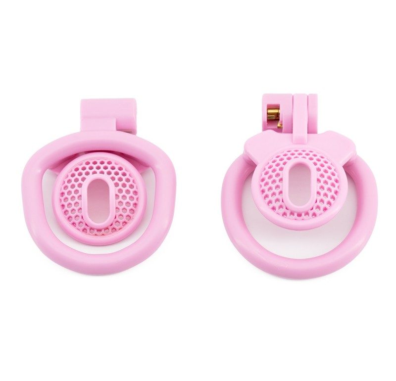 Mesh resin chastity lock inverted design with positive and negative electrode style, hollow ergonomic cage for comfort, pink