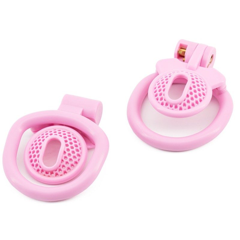 Mesh resin chastity lock inverted design with positive and negative electrode style, hollow ergonomic cage for comfort, pink