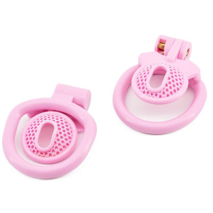 Mesh resin chastity lock inverted design with positive and negative electrode style, hollow ergonomic cage for comfort, pink