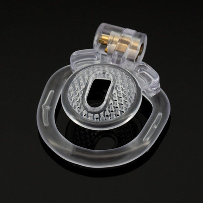 Mesh resin chastity lock inverted design with positive and negative electrode style, hollow ergonomic cage for comfort, transparent