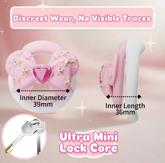 Cute Pink Bow Heart Gem Lockable Chastity Cage – Ultra Mini Lock Core, Discreet Kawaii Silicone Chastity Device