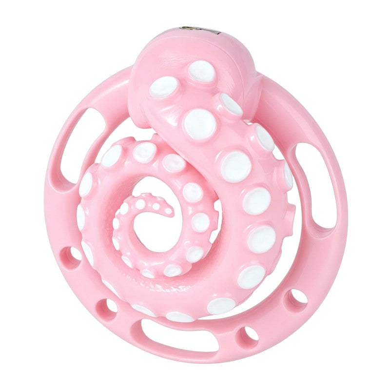 Alternate angled view of the pink octopus tentacle cage with white accents.