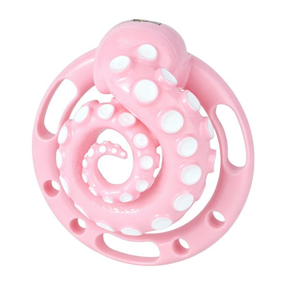 Alternate angled view of the pink octopus tentacle cage with white accents.