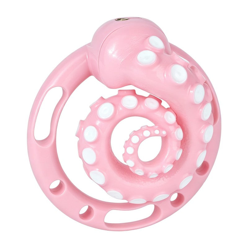 Three-quarter front view of the pink octopus tentacle cage and matching ring.