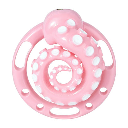 Front view of the assembled pink octopus tentacle cage and base ring.