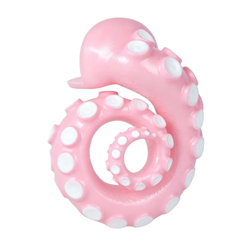 Angled view of the pink spiral tentacle cage with white suction-cup details.