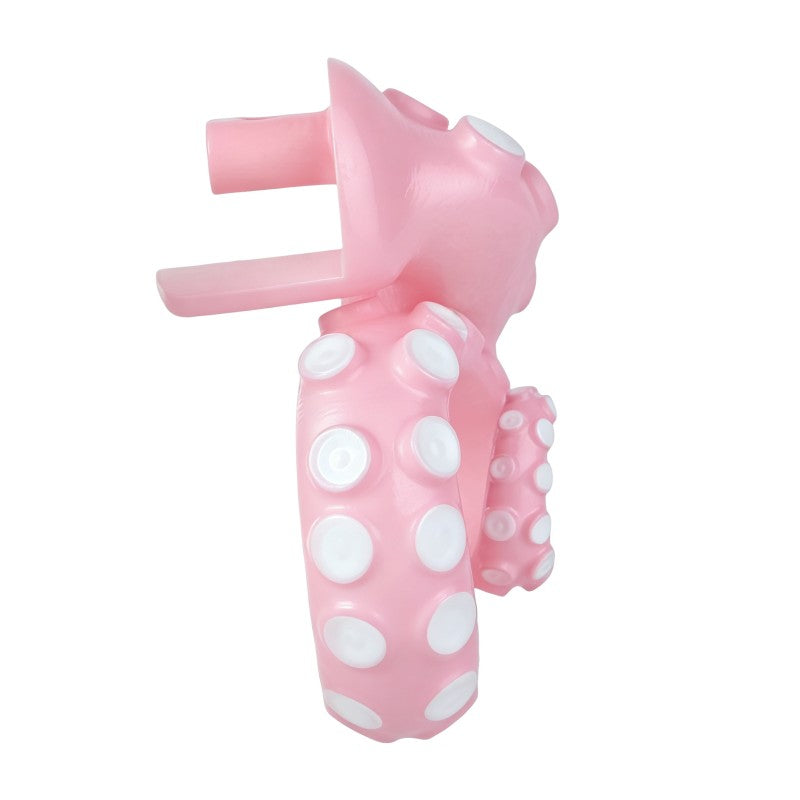 Side view of the pink tentacle cage and its two mounting posts.