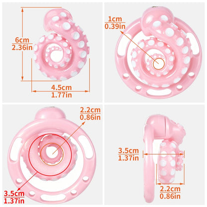 Pink octopus tentacle cage size diagram showing overall dimensions and side profile.