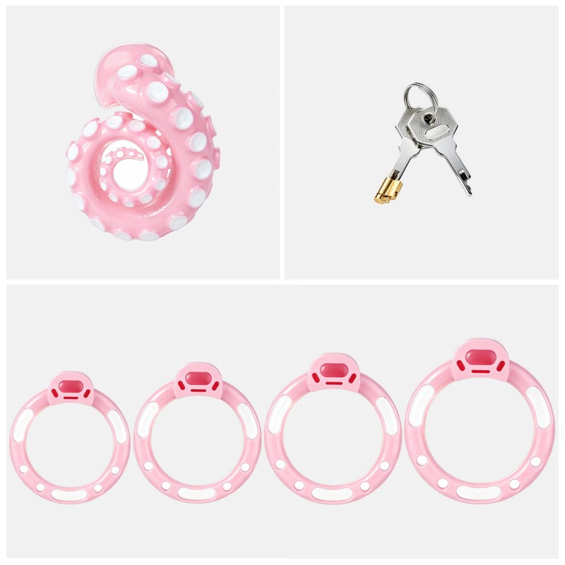 Pink octopus tentacle cage set with four base rings, locking cylinder and two keys.